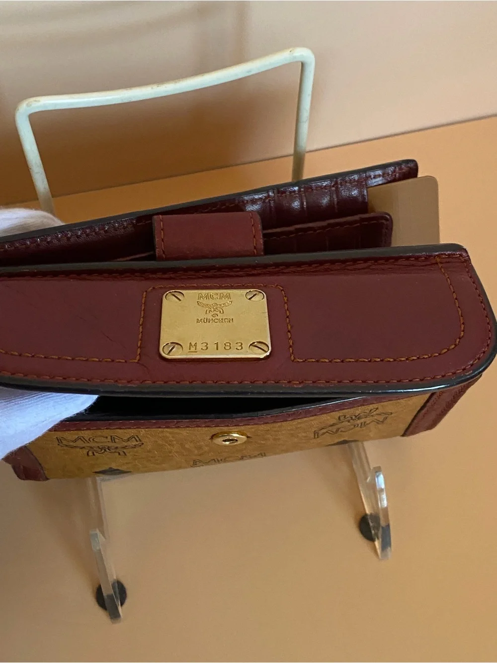 MCM Two-Tone Trifold Leather Continental Wallet in Burgundy and Cognac Brown